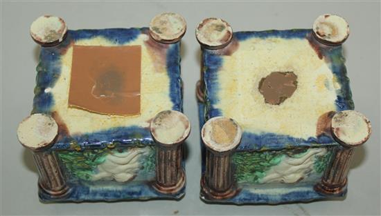 A pair of Palissy style square cache pots, 19th century, height 7.5cm